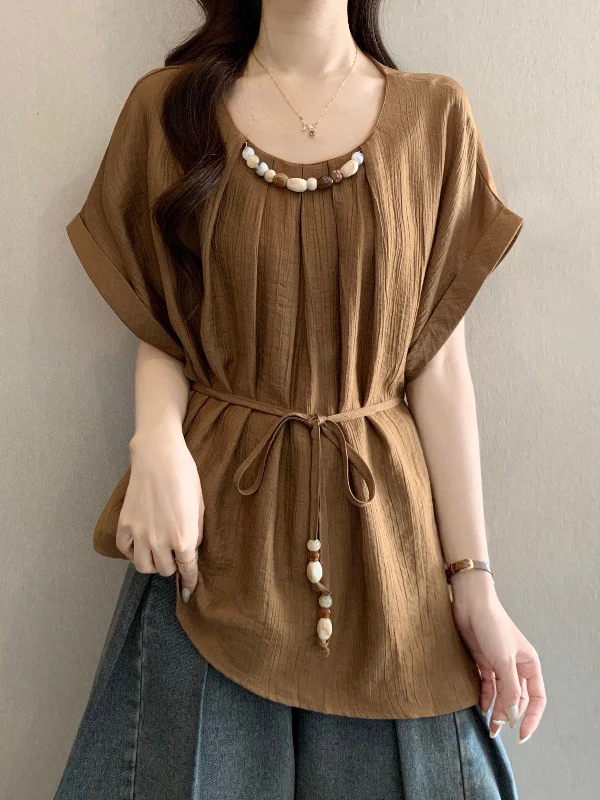 Khaki Beaded Short Sleeve Shirt Women's plus Size Mid-Length Waist-Cinching Top Summer New Style Casual Loose Fit round Neck
Khaki Beaded Short Sleeve Shirt Women's plus Size Mid-Length Waist-Cinching Top Summer New Style Casual Loose Fit round Neck