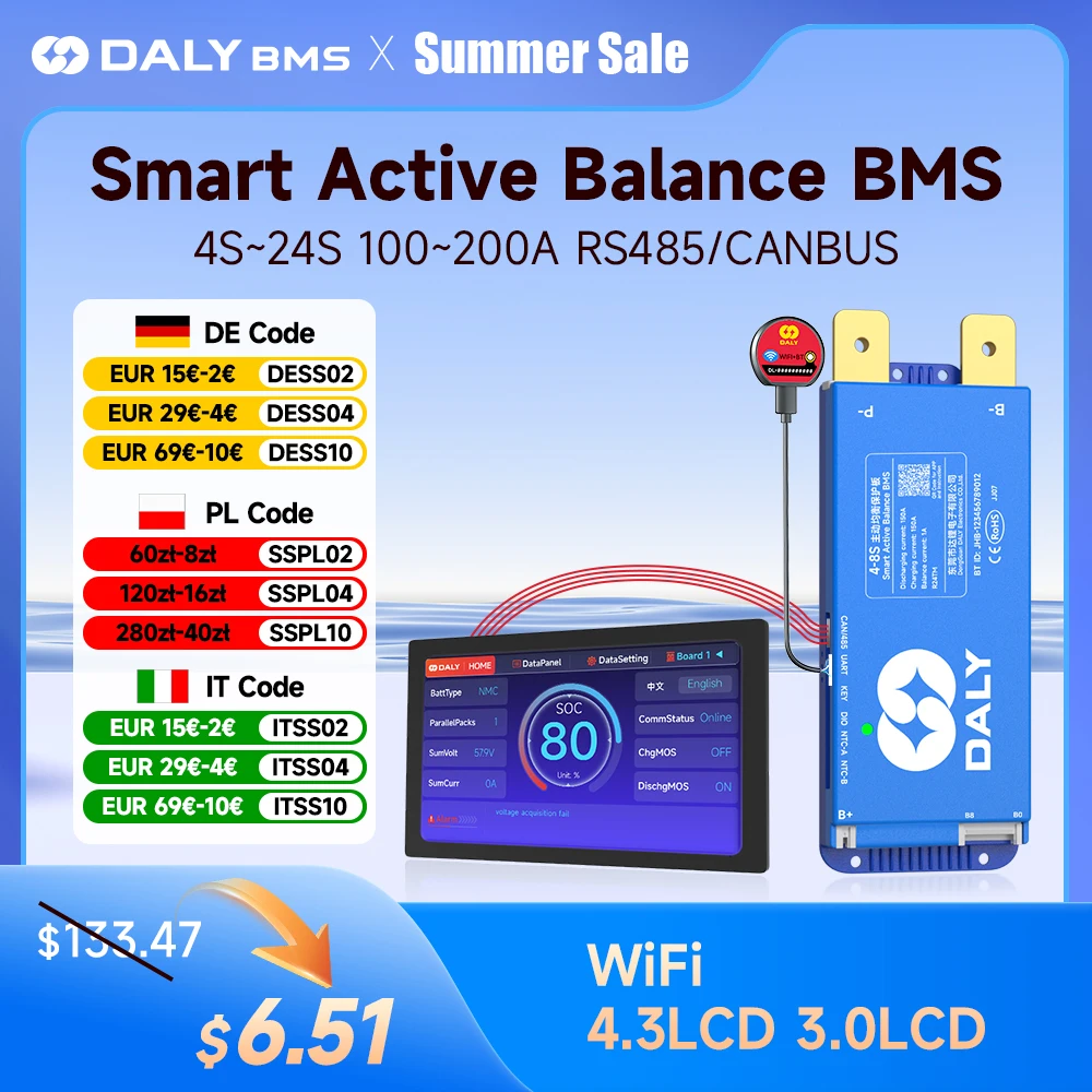 Daly Smart Bms with Active balance Wifi bluetooth LCD display 4S 8S 16S 24S 100A 150A Li-ion lifepo4 LTO rs485 CANBUS inverter
Daly Smart Bms with Active balance Wifi bluetooth LCD display 4S 8S 16S 24S 100A 150A Li-ion lifepo4 LTO rs485 CANBUS inverter