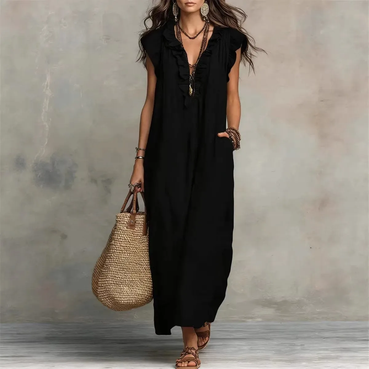 Spring Women's Clothing V Neck Ruffle Sleeveless Casual Wear Elegant Party Dress For Woman Polyester Loose Fit Long Maxi
Spring Women's Clothing V Neck Ruffle Sleeveless Casual Wear Elegant Party Dress For Woman Polyester Loose Fit Long Maxi