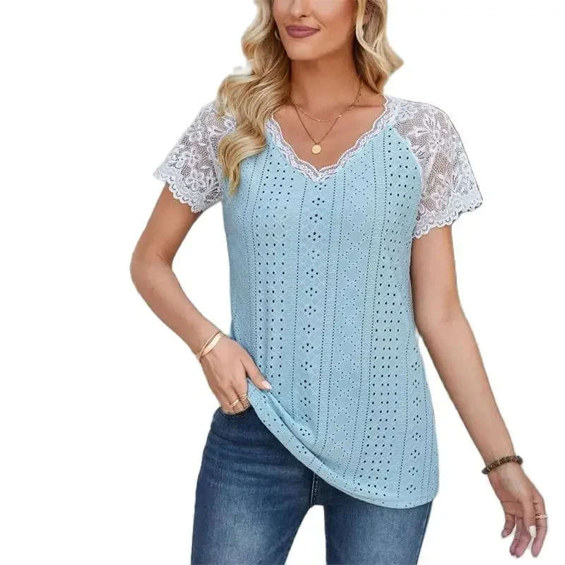 Elegant See-through Lace Short Sleeve Splicing T-Shirt Sweet Style Women V Neck Pullover Tops Summer Comfortable Breathable Tees
Elegant See-through Lace Short Sleeve Splicing T-Shirt Sweet Style Women V Neck Pullover Tops Summer Comfortable Breathable Tees