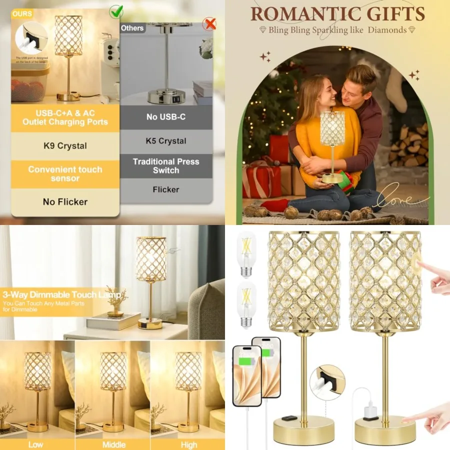 Touch Control Crystal Table Lamp-Dimmable Nightstand Lamp with USB-C+A and AC Charging Ports, 3-Way USB Gold Lamp, Bedside Desk
Touch Control Crystal Table Lamp-Dimmable Nightstand Lamp with USB-C+A and AC Charging Ports, 3-Way USB Gold Lamp, Bedside Desk