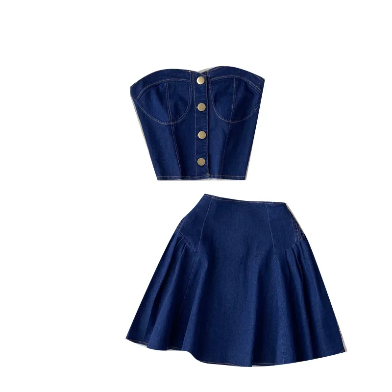 Summer Ladies Sweet Denim Suit Skirt Shoulderless Sexy Tube Top + High Waist A-Line Short Skirt Fashion Retro Two-piece Set
Summer Ladies Sweet Denim Suit Skirt Shoulderless Sexy Tube Top + High Waist A-Line Short Skirt Fashion Retro Two-piece Set