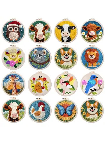 DIY Punch เข็มเย็บปักถักร้อย Starter ชุดสัตว์รูปแบบชุดเย็บผ้าตลกง่ายเส้นด้ายภาพวาดศิลปะ DIY ชุดเย็บปักถักร้อยสําหรับ Beginner