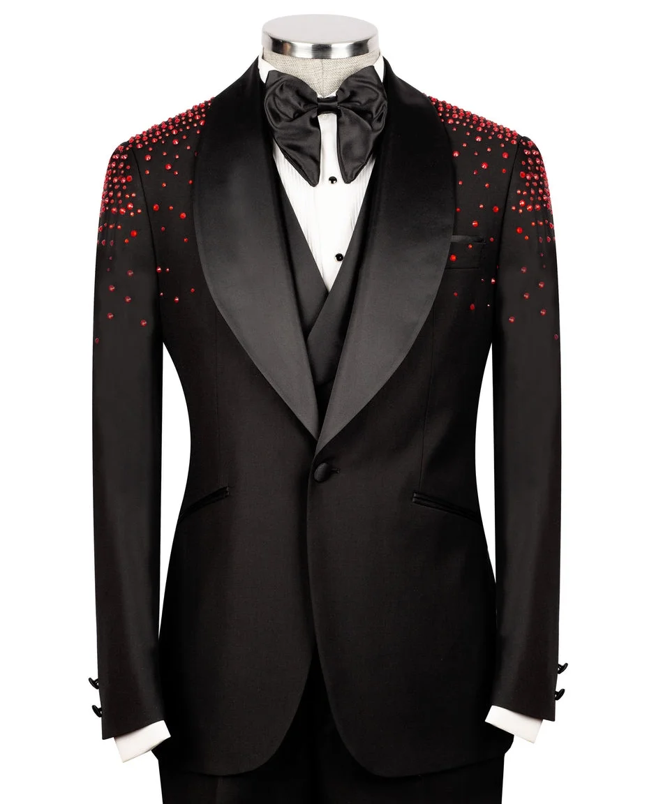 Trajes para hombre Customized Black Wedding Groom Tuxedo with Red Crystal 3pcs Blazer Vest Pant Formal Party Suits for Men
Trajes para hombre Customized Black Wedding Groom Tuxedo with Red Crystal 3pcs Blazer Vest Pant Formal Party Suits for Men