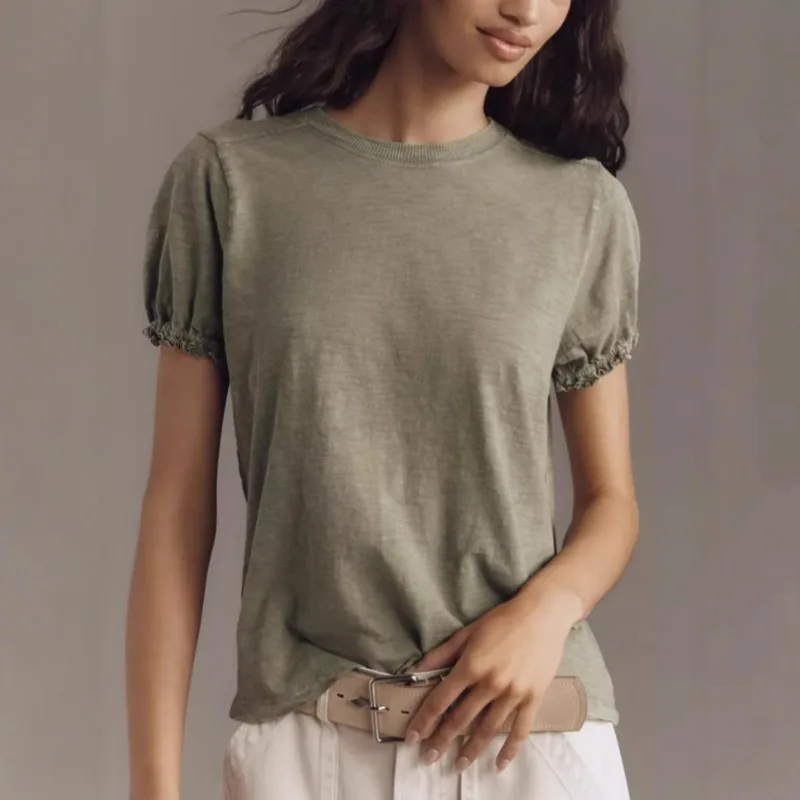 Women Casual Summer Slub Cotton Ruffle Short Sleeve Crew Neck T Shirt Daily Outdoor Tops
Women Casual Summer Slub Cotton Ruffle Short Sleeve Crew Neck T Shirt Daily Outdoor Tops