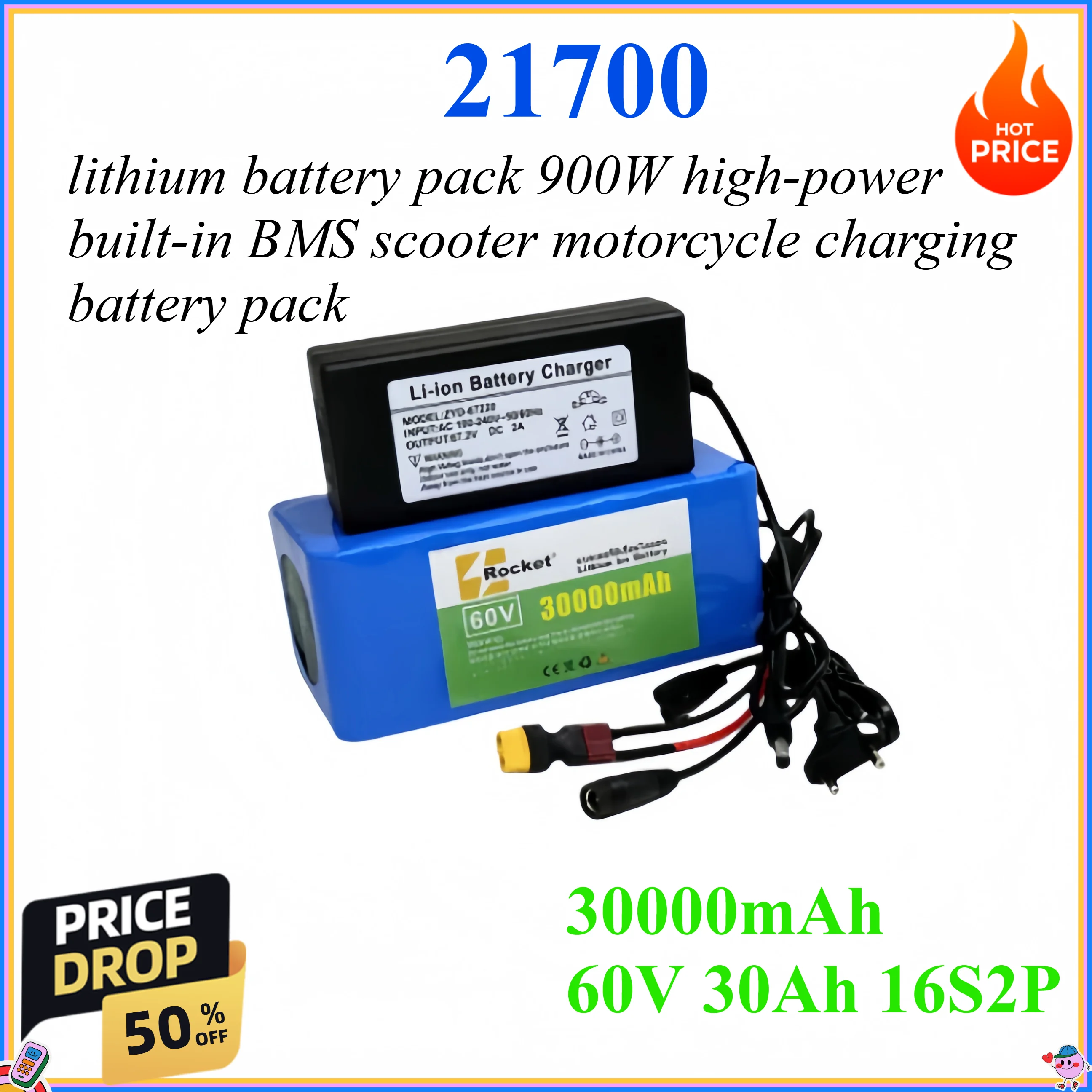 21700 30000mAh 60V 30Ah 16S2P lithium battery pack 900W high-power built-in BMS scooter motorcycle charging battery pack
21700 30000mAh 60V 30Ah 16S2P lithium battery pack 900W high-power built-in BMS scooter motorcycle charging battery pack