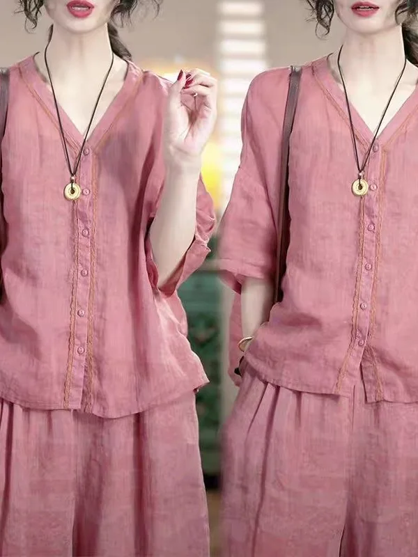 Summer Thin Short Sleeve Cotton Linen Set Women's Casual Straight Leg Pants Two Piece Suit V Neck Button up Long Pants
Summer Thin Short Sleeve Cotton Linen Set Women's Casual Straight Leg Pants Two Piece Suit V Neck Button up Long Pants