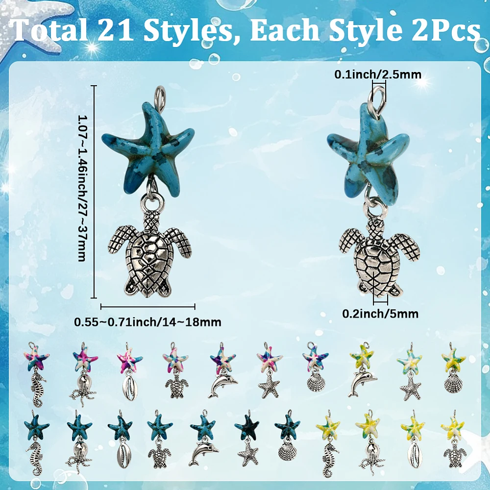 42Pcs 21 Styles Dyed Turquoise Starfish Alloy Sea Animals Pendants Ocean Charms with Copper Wire Loops
42Pcs 21 Styles Dyed Turquoise Starfish Alloy Sea Animals Pendants Ocean Charms with Copper Wire Loops