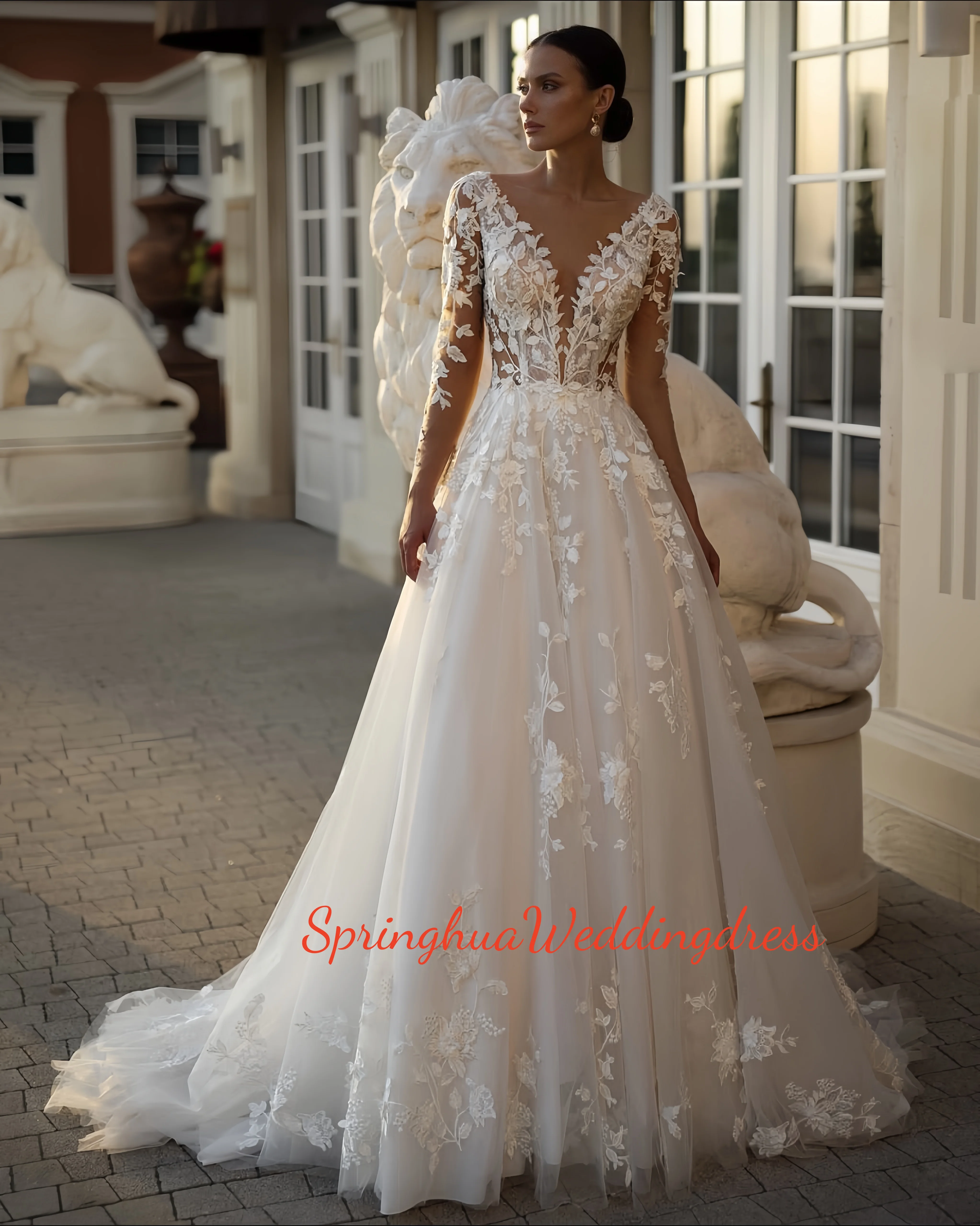 Custom-made elegant wedding gowns for brides and ladies' party outfits, deep V-neck backless long-sleeved applique gowns for the
Custom-made elegant wedding gowns for brides and ladies' party outfits, deep V-neck backless long-sleeved applique gowns for the