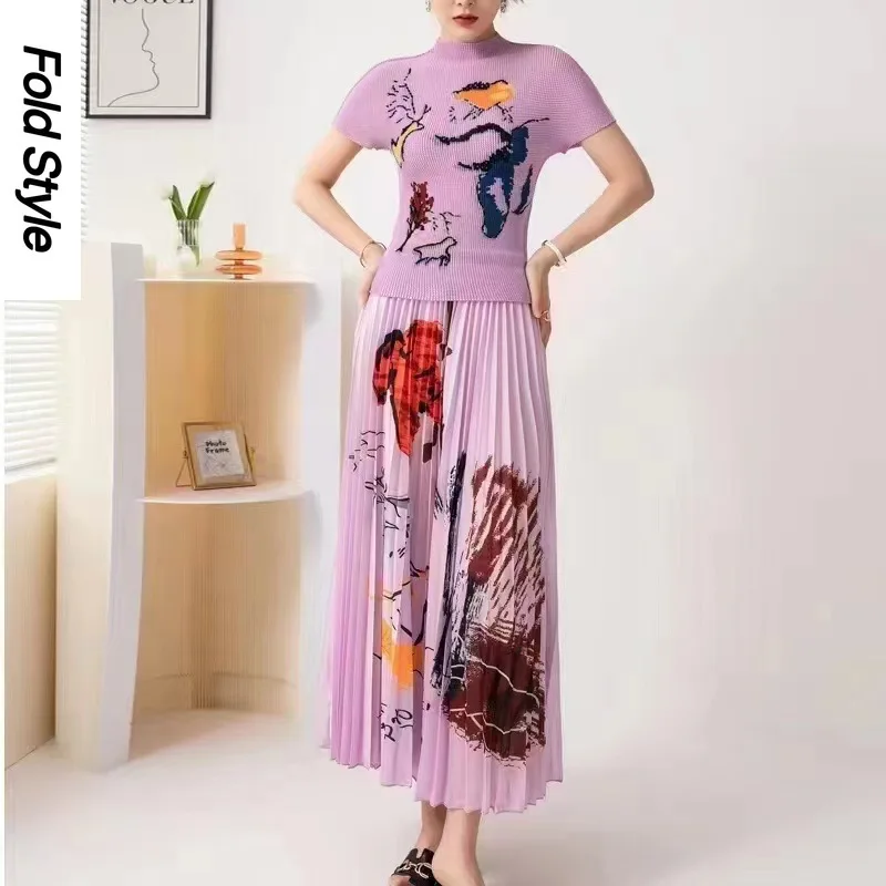 Женский комплект из футболки и юбки миаке, фиолетовая облегающая футболка с оборками и принтом на юбке средней длины, лето 2024