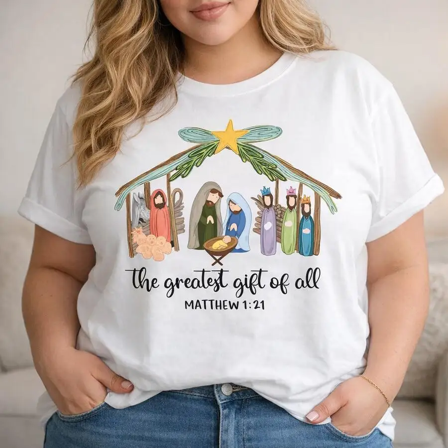 Women Plus Size Christmas Nativity Print Cotton T-Shirt Short Sleeve Religious Graphic Tee The Greatest Gift Of All Matthew 1:21
Women Plus Size Christmas Nativity Print Cotton T-Shirt Short Sleeve Religious Graphic Tee The Greatest Gift Of All Matthew 1:21