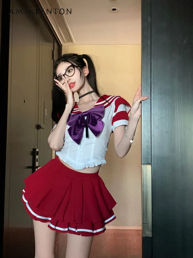 Summer Japanese Preppy JK Uniform Women Navy Polo Collar Red Black Striped Short Sleeve Shirt with Layered Cake Mini Skirt
Summer Japanese Preppy JK Uniform Women Navy Polo Collar Red Black Striped Short Sleeve Shirt with Layered Cake Mini Skirt