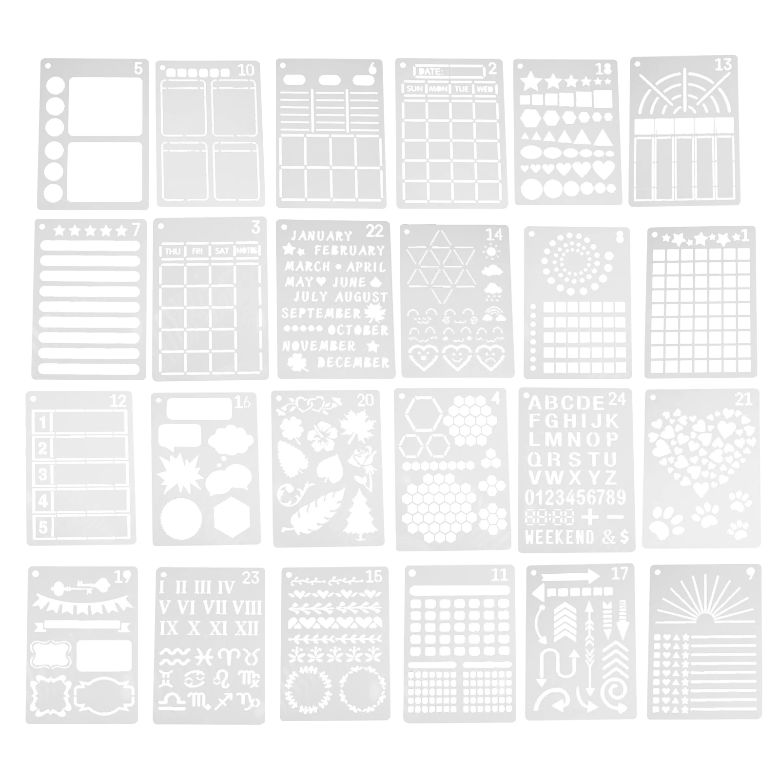 24pcs Painting Template Reusable Plastic Journal Stencil Scrapbook Templates for DIY Drawing Schedule Book Layout Design
24pcs Painting Template Reusable Plastic Journal Stencil Scrapbook Templates for DIY Drawing Schedule Book Layout Design