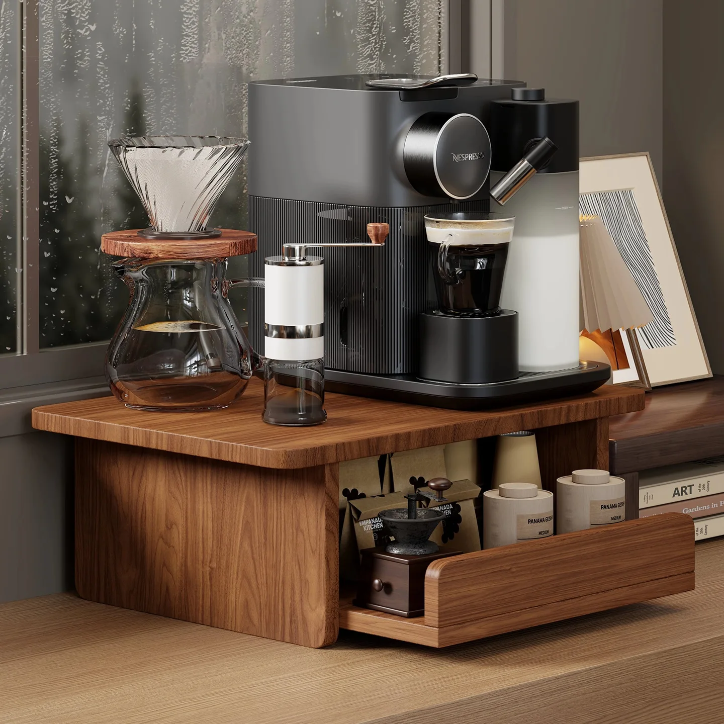 Minimalist Wooden Coffee Corner Shelf with Storage Drawer Elevated Stand ForHome Baristas Modern Kitchen Cup Holder Storage Rack
Minimalist Wooden Coffee Corner Shelf with Storage Drawer Elevated Stand ForHome Baristas Modern Kitchen Cup Holder Storage Rack