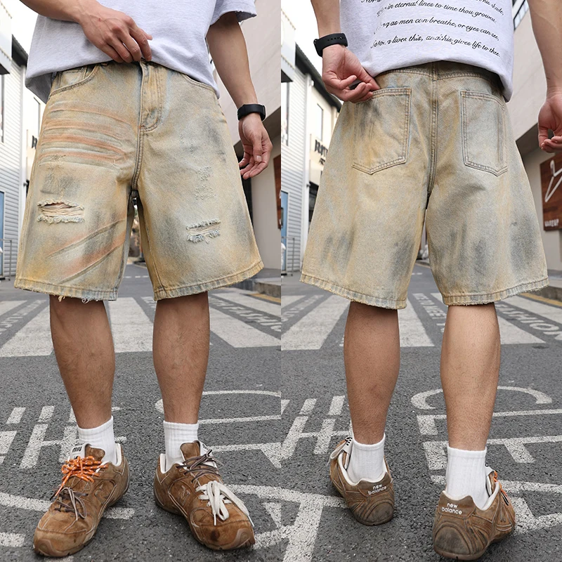 Yellow mud-dyed, washed and worn-out holes straight denim cropped pants. Retro men's summer straight thin shorts are fashionable
Yellow mud-dyed, washed and worn-out holes straight denim cropped pants. Retro men's summer straight thin shorts are fashionable