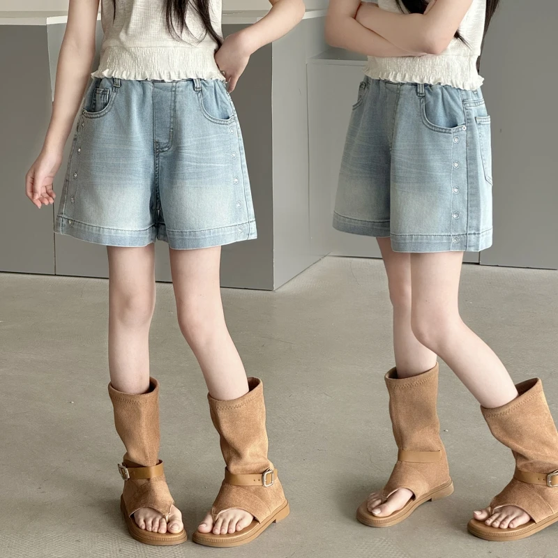 Girls Light Wash Denim Shorts with Side Button Details, Elastic Waist Wide Leg Casual Summer Kids Bottoms
Girls Light Wash Denim Shorts with Side Button Details, Elastic Waist Wide Leg Casual Summer Kids Bottoms
