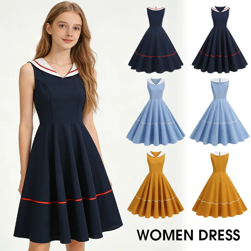Women Elegant Vintage Summer Dress Streetwear 1950s 60s Sailor Style Big Swing Dress Lady Rockabilly Disco Evening Party Dress
Women Elegant Vintage Summer Dress Streetwear 1950s 60s Sailor Style Big Swing Dress Lady Rockabilly Disco Evening Party Dress