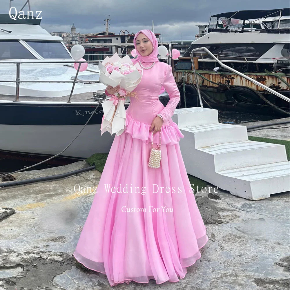 Qanz Women's Wedding Party Attire Long Sleeves Pink Organza Muslim A Line Evening Dress High Neck Vestidos De Fiesta Customized
Qanz Women's Wedding Party Attire Long Sleeves Pink Organza Muslim A Line Evening Dress High Neck Vestidos De Fiesta Customized