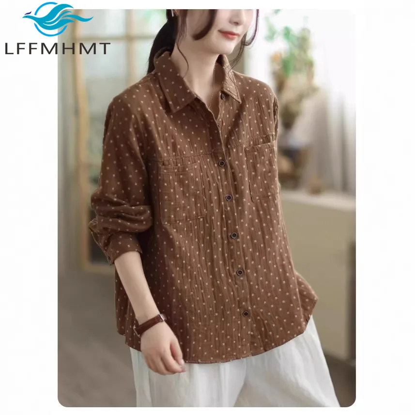 Классическая винтажная блузка из хлопковой пряжи с принтом в горошек для женщин, весенне-осенняя модная облегающая удобная элегантная женская рубашка
Классическая винтажная блузка из хлопковой пряжи с принтом в горошек для женщин, весенне-осенняя модная облегающая удобная элегантная женская рубашка