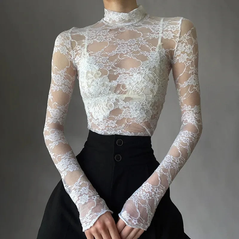 French Sexy Lace Mesh Long Sleeve T-shirt Women's Light Thin Perspective Sunscreen Shirt Girl Slim Tops Beach Swimsuit Cover Up
French Sexy Lace Mesh Long Sleeve T-shirt Women's Light Thin Perspective Sunscreen Shirt Girl Slim Tops Beach Swimsuit Cover Up