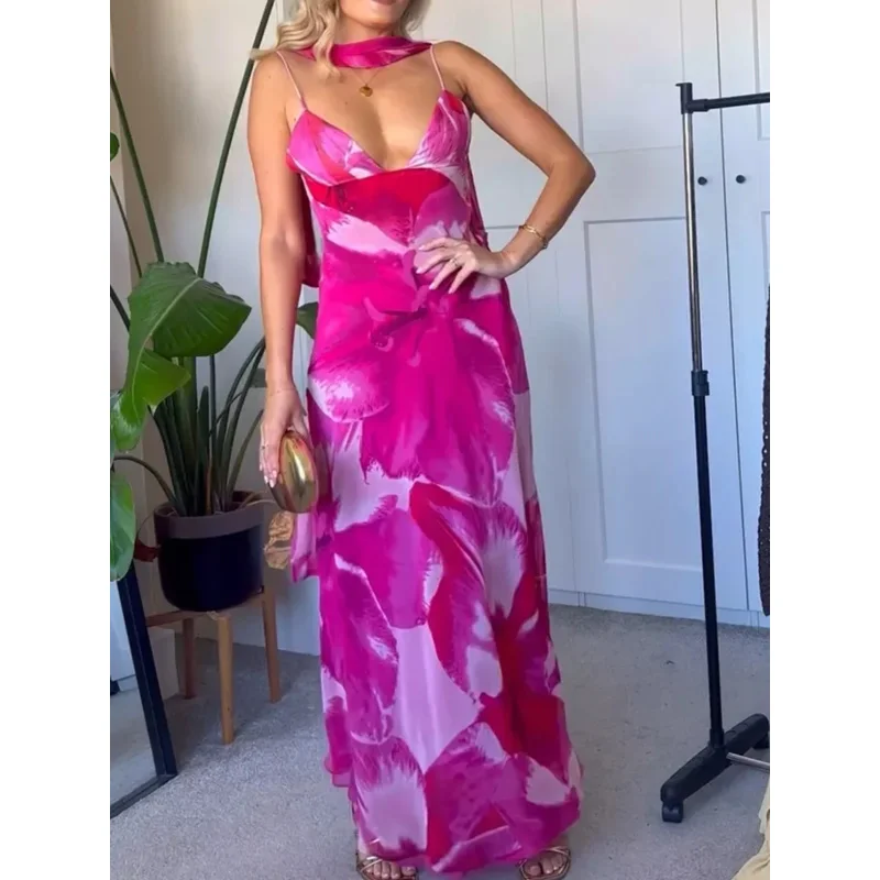 Summer Elegant Printed Maxi Dress Women Sleeveless Backless V-Neck Lace-Up Beachwear Y2K Style 2025 New Fashion
Summer Elegant Printed Maxi Dress Women Sleeveless Backless V-Neck Lace-Up Beachwear Y2K Style 2025 New Fashion