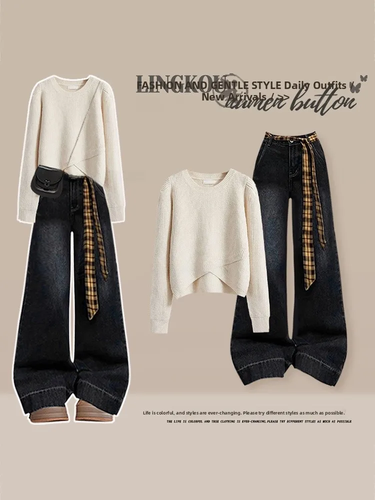 Korean Style Women's Knitted Sweater And Jeans Set Soft Cozy Vintage Slimming Two-Piece Suit for Autumn And Winter Casual Wear
Korean Style Women's Knitted Sweater And Jeans Set Soft Cozy Vintage Slimming Two-Piece Suit for Autumn And Winter Casual Wear