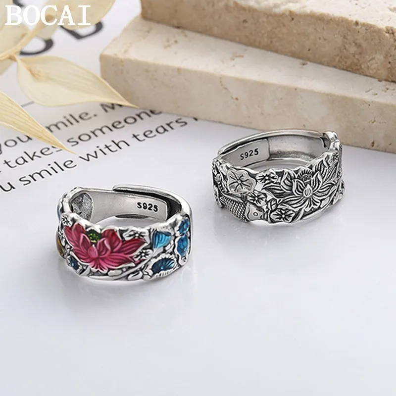 BOCAI New S925 Silver Jewelry Vintage Chinese Style Drip Glue Glaze Lotus Koi Fish Engagement Ring Women's Choice Gift
BOCAI New S925 Silver Jewelry Vintage Chinese Style Drip Glue Glaze Lotus Koi Fish Engagement Ring Women's Choice Gift