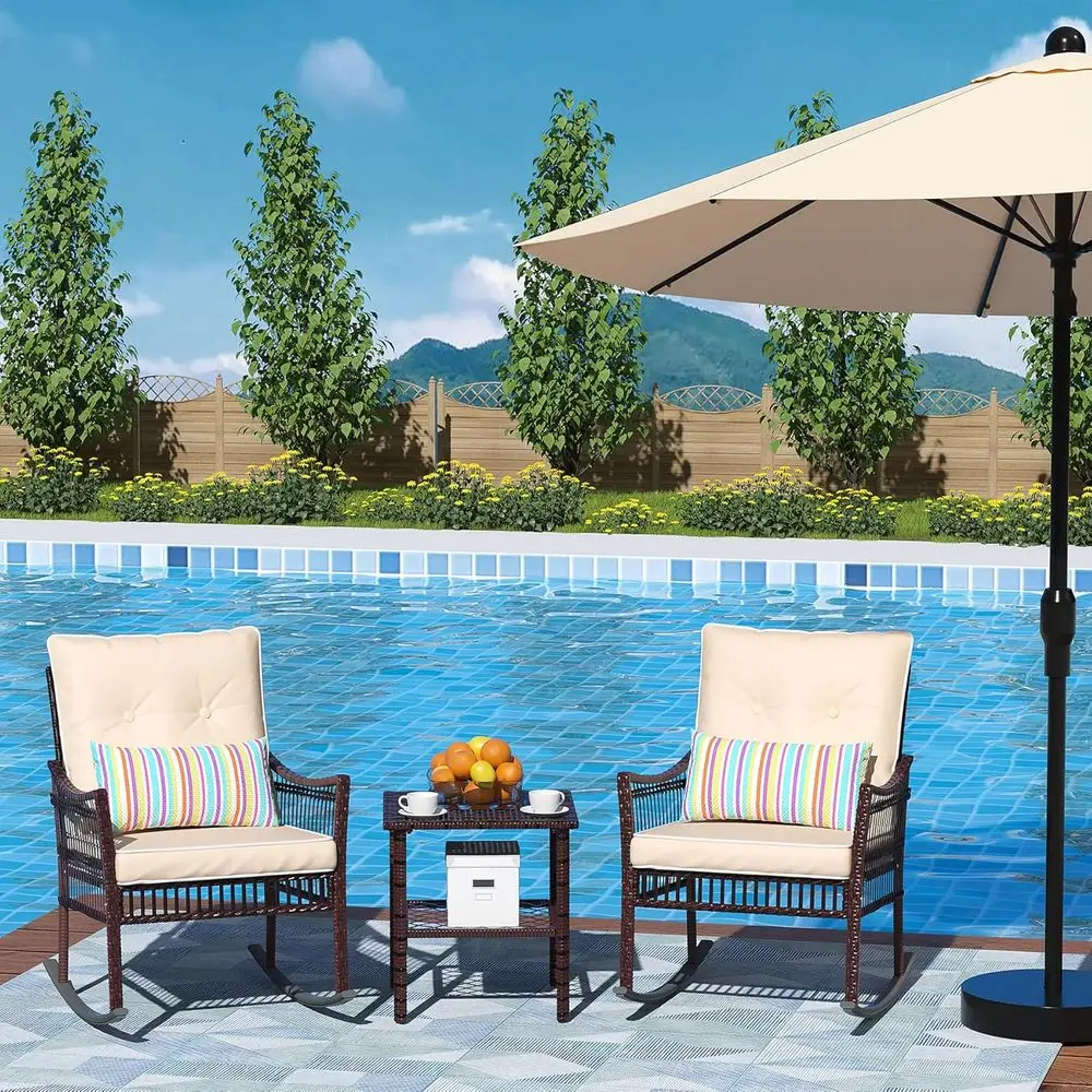 3-Piece Outdoor Wicker Rocking Chair Set with Coffee Table, Brown Rattan Beige Cushions for Patio, Garden, or Balcony
3-Piece Outdoor Wicker Rocking Chair Set with Coffee Table, Brown Rattan Beige Cushions for Patio, Garden, or Balcony