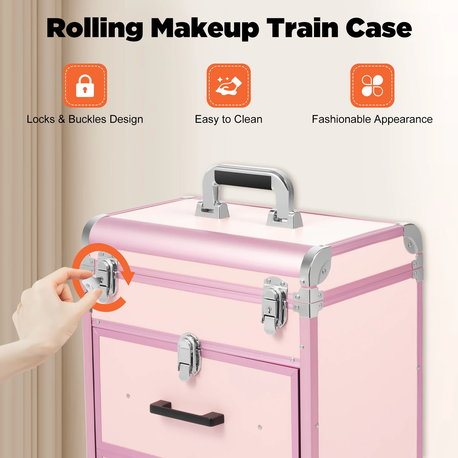 Pink, 3-Tier Rolling Makeup Train Case, Large Cosmetic Trolley with Locks, Makeup Storage Organizer, Travel Trolley with Wheels
Pink, 3-Tier Rolling Makeup Train Case, Large Cosmetic Trolley with Locks, Makeup Storage Organizer, Travel Trolley with Wheels