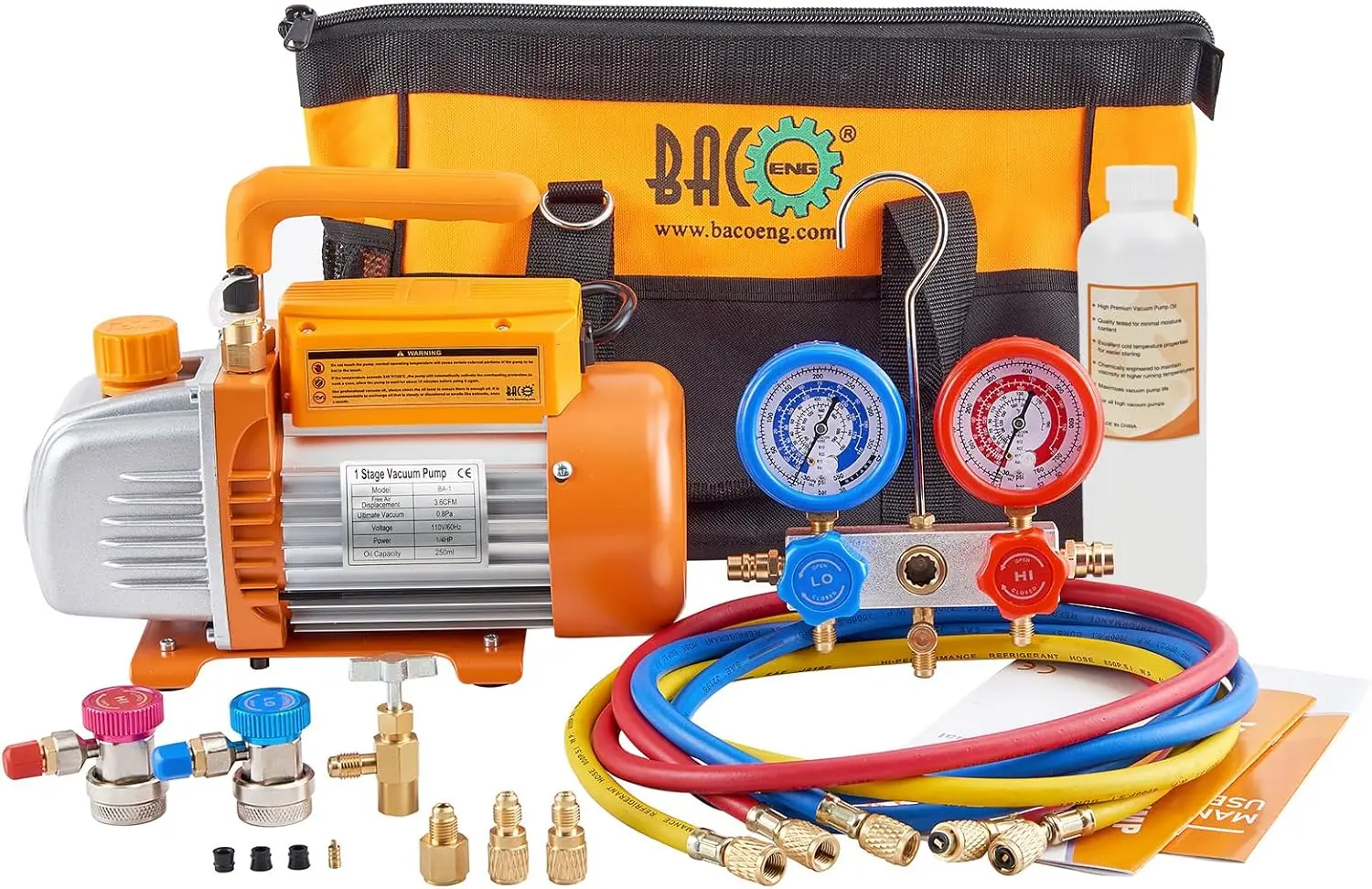 3.5CFM 1/4HP AC Vacuum Pump and Manifold Gauge Set for R134a R12 R22 HVAC Air Conditioning Refrigeration, Includes Can Tap
3.5CFM 1/4HP AC Vacuum Pump and Manifold Gauge Set for R134a R12 R22 HVAC Air Conditioning Refrigeration, Includes Can Tap