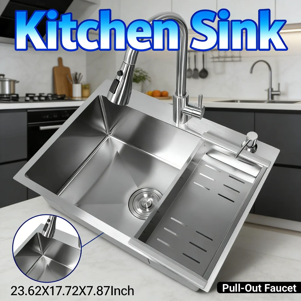 Кухонная мойка под столешницу 23.62x17.72x7.87 дюймов с выдвижным смесителем, нержавеющая сталь, одинарная чаша, полный комплект для установки
Кухонная мойка под столешницу 23.62x17.72x7.87 дюймов с выдвижным смесителем, нержавеющая сталь, одинарная чаша, полный комплект для установки