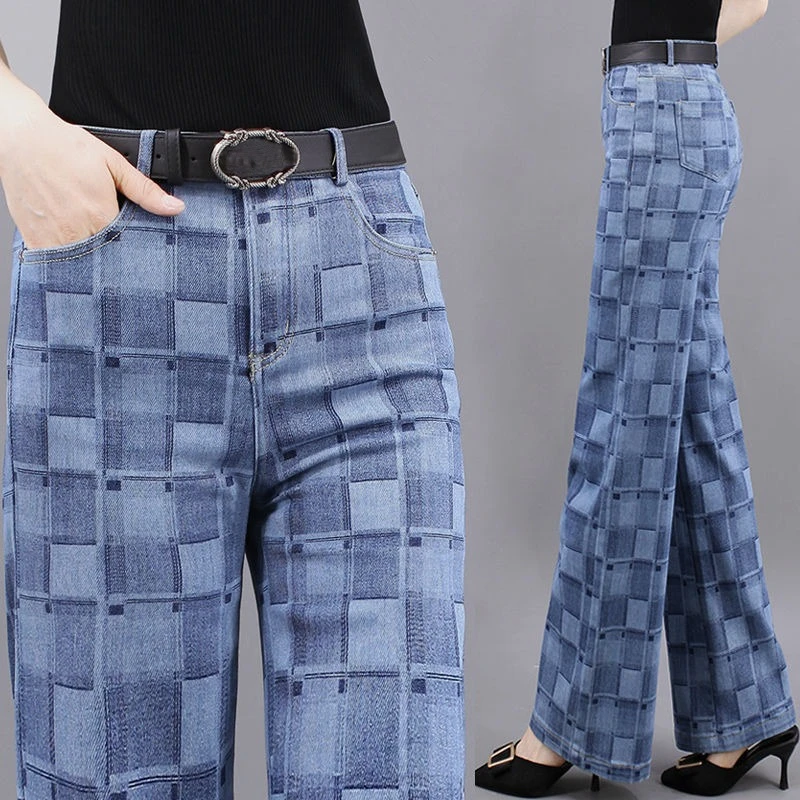 Брюки в клетку, рваные джинсы для женщин, широкие высокие прямые джинсовые брюки, женские брюки из Южной Кореи с высокой талией, новинка 2023 года 
Брюки в клетку, рваные джинсы для женщин, широкие высокие прямые джинсовые брюки, женские брюки из Южной Кореи с высокой талией, новинка 2023 года