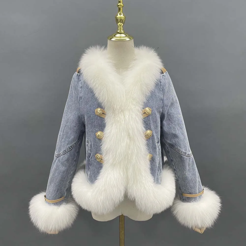 MISSJANEFUR Denim Down Jacket with Real Fur Collar Trim for Women 2022 Fashion Luxury Short Warm Fox Fur Parka Winter Coat
MISSJANEFUR Denim Down Jacket with Real Fur Collar Trim for Women 2022 Fashion Luxury Short Warm Fox Fur Parka Winter Coat
