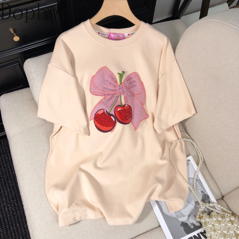 Korea New Spring Summer Short Sleeve T-shirt All-match Loose O-neck Pullover Top Embroidery Cherry Diamonds Mid-long Cotton Tees
Korea New Spring Summer Short Sleeve T-shirt All-match Loose O-neck Pullover Top Embroidery Cherry Diamonds Mid-long Cotton Tees