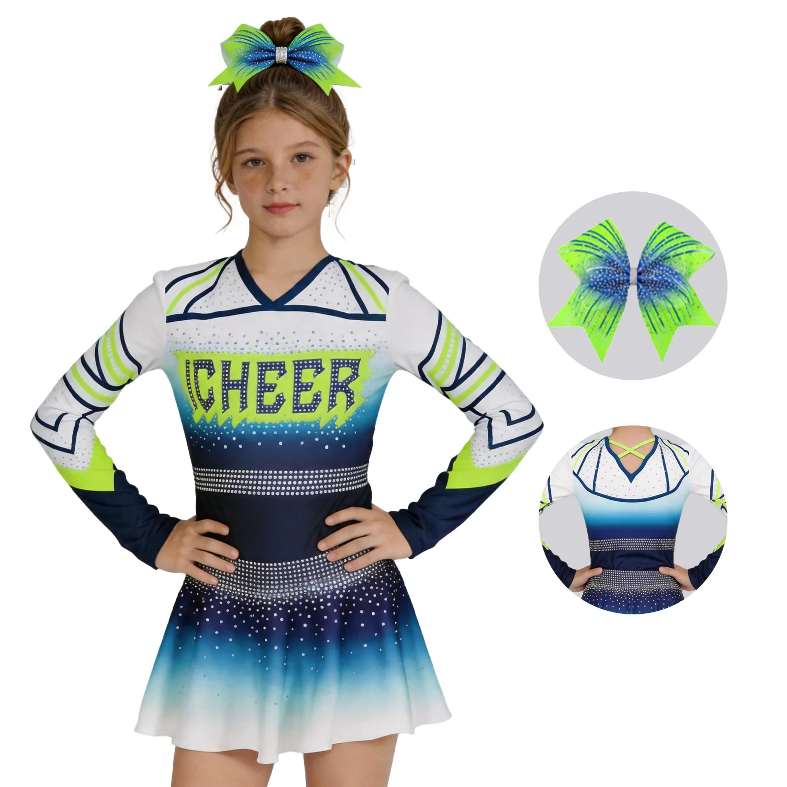 Kids Sparkling Rhinestone Cheerleader Dress Long Sleeve Gradient Cheer Uniform Set With Hair Bow Girl Competition Cheerleading
Kids Sparkling Rhinestone Cheerleader Dress Long Sleeve Gradient Cheer Uniform Set With Hair Bow Girl Competition Cheerleading