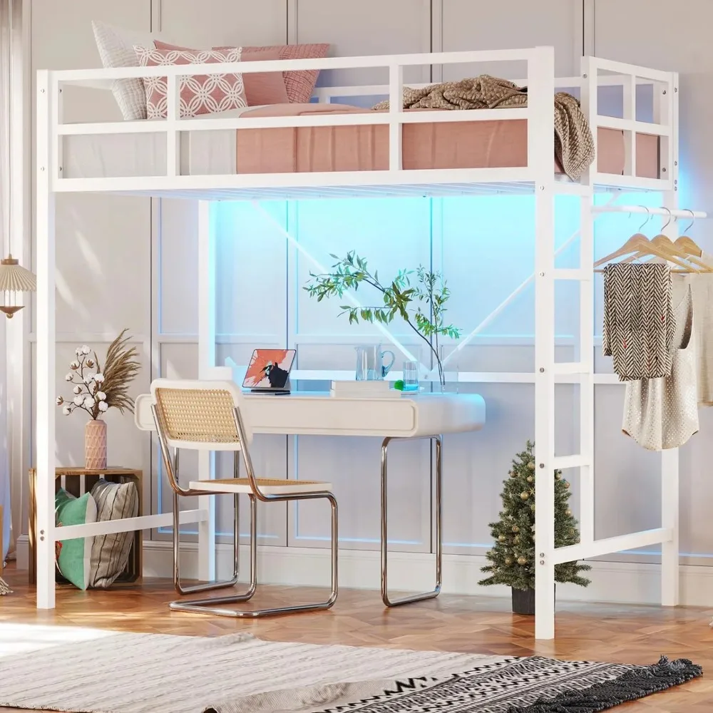 Twin Size Loft Bed Frame with Led Lights, Metal Loft Bed Frame with Full-Length Guardrail and Ladder, No Box Spring Needed
Twin Size Loft Bed Frame with Led Lights, Metal Loft Bed Frame with Full-Length Guardrail and Ladder, No Box Spring Needed
