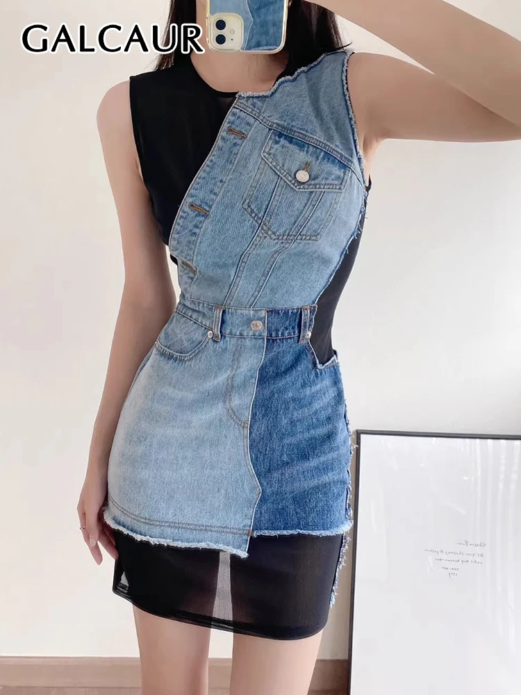 GALCAUR Slim Patchwork Denim Dresses For Women Round Neck Sleeveless High Waist Spliced Pockets Colorblock Bodycon Dress Female
GALCAUR Slim Patchwork Denim Dresses For Women Round Neck Sleeveless High Waist Spliced Pockets Colorblock Bodycon Dress Female