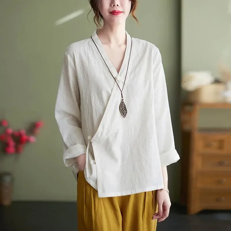 Women Retro Chinese Style Linen Blouse Plus Size Casual V Neck Long Sleeve Tea Shirt
Women Retro Chinese Style Linen Blouse Plus Size Casual V Neck Long Sleeve Tea Shirt