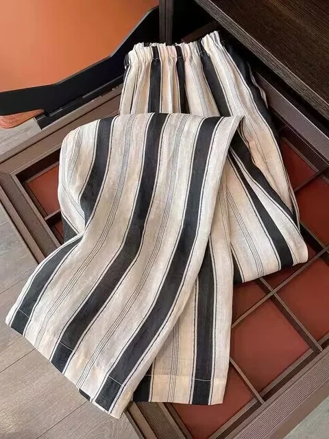 Японские широкие брюки с вертикальными полосками, свободные, легкие, прямого кроя, повседневные, струящиеся, льняные брюки для женщин
Японские широкие брюки с вертикальными полосками, свободные, легкие, прямого кроя, повседневные, струящиеся, льняные брюки для женщин