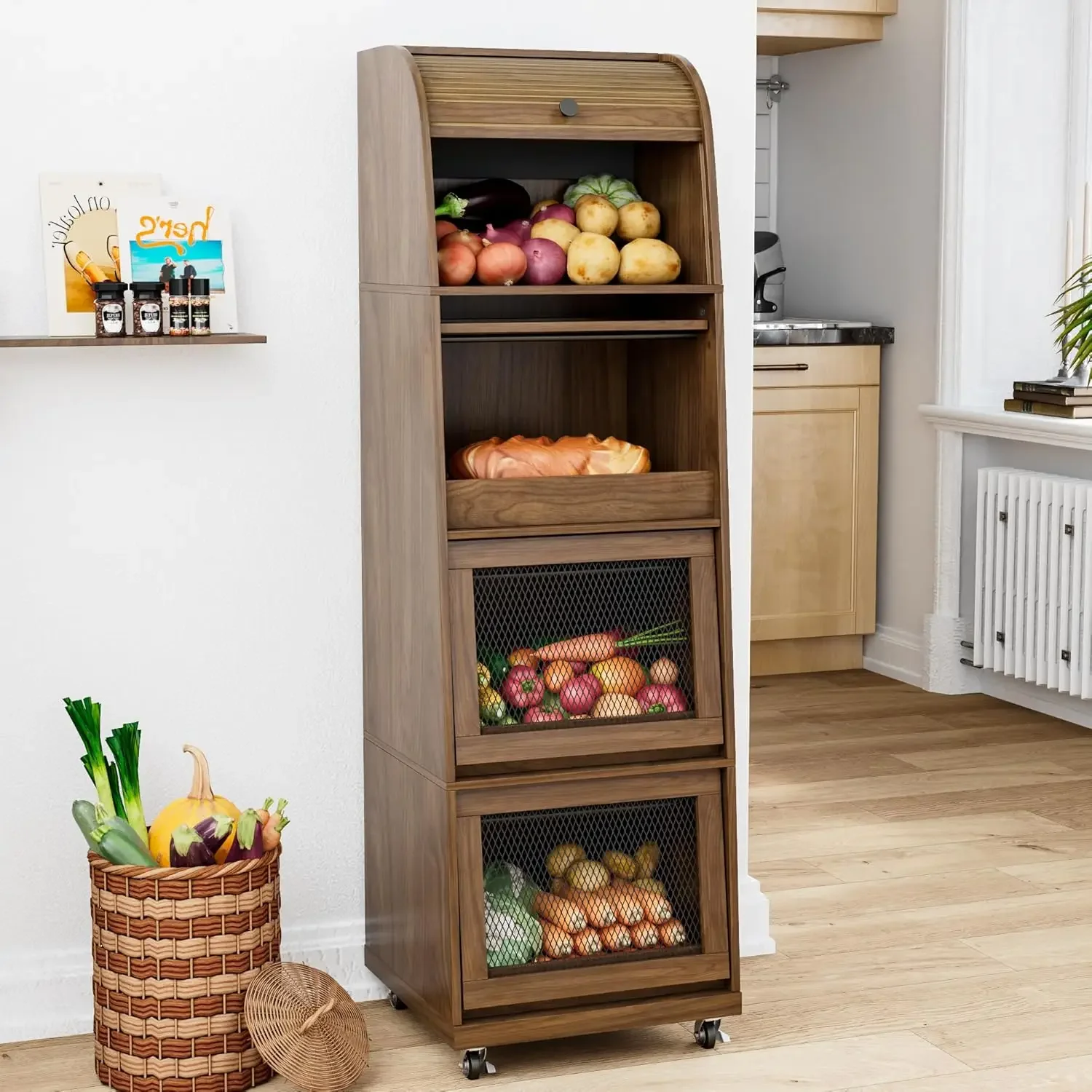 Walnut Wood Four Tier Large Kitchen Pantry Cabinet Movable Potato Onion Fruit Vegetable Bread Storage Bin Basket With Wheel Slid
Walnut Wood Four Tier Large Kitchen Pantry Cabinet Movable Potato Onion Fruit Vegetable Bread Storage Bin Basket With Wheel Slid