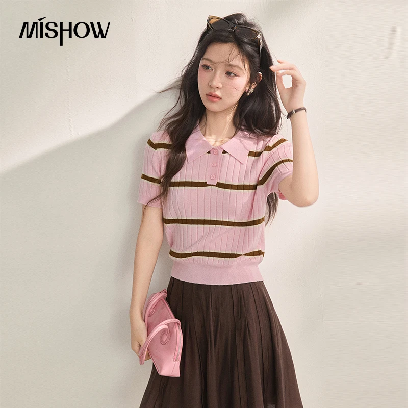 MISHOW Contrasting Striped Lapel Short Sleeved Knitted T-Shirt Top For Women 2026 Summer New Fashion Trend Sweet Tee MXF21Z3104
MISHOW Contrasting Striped Lapel Short Sleeved Knitted T-Shirt Top For Women 2026 Summer New Fashion Trend Sweet Tee MXF21Z3104