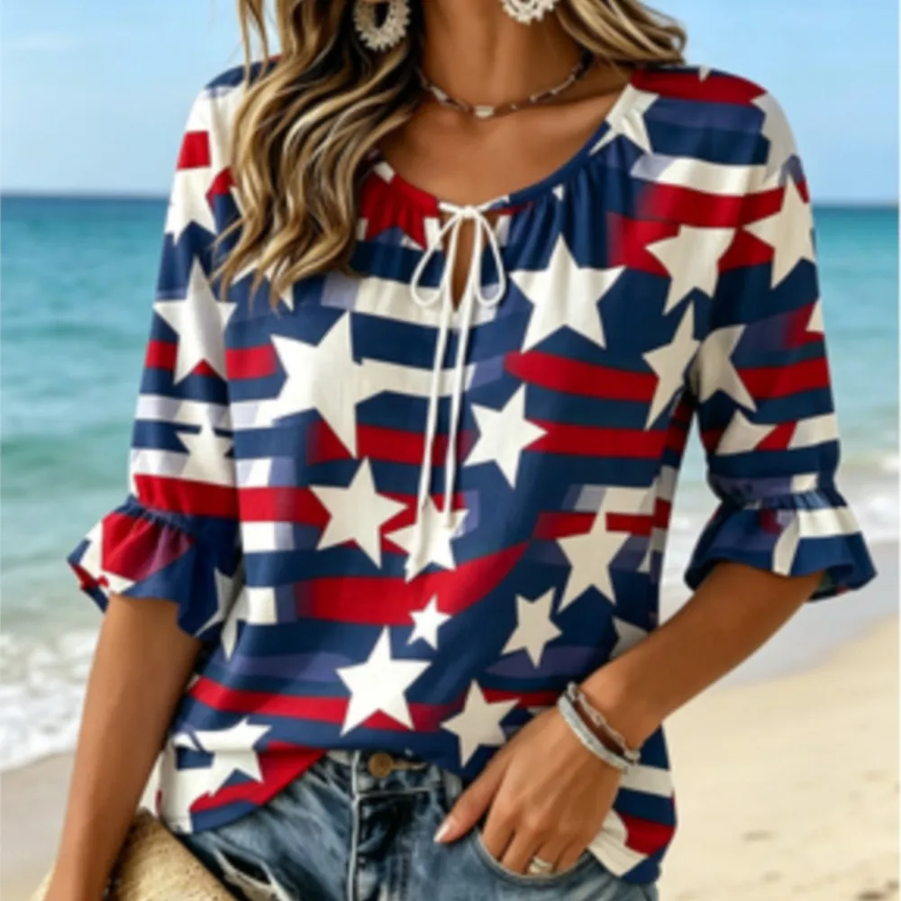 Women's Red Blue White Star Stripe Print Tie Neck Blouse Ruffle 3/4 Sleeve Patriotic Casual Loose Party Daily Top
Women's Red Blue White Star Stripe Print Tie Neck Blouse Ruffle 3/4 Sleeve Patriotic Casual Loose Party Daily Top