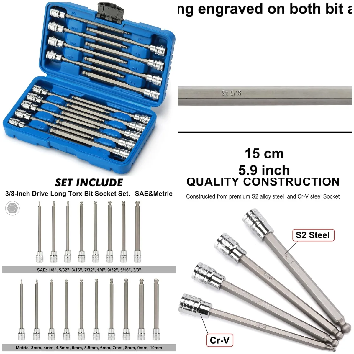 3/8' Drive Extra Long Ball-End Hex Bit Set, 18-Piece, Metric & SAE, 3–10mm, 1/8'–3/8', CR-V & S2 Steel
3/8' Drive Extra Long Ball-End Hex Bit Set, 18-Piece, Metric & SAE, 3–10mm, 1/8'–3/8', CR-V & S2 Steel