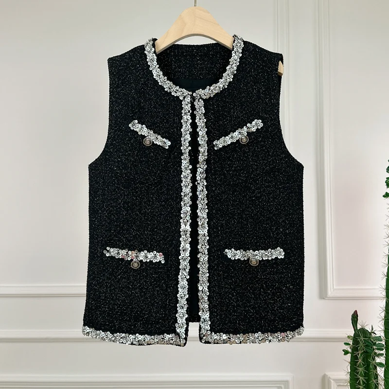 French Black Small Fragrance Sleeveless Jacket Women O Neck Woven Beaded Flowers Loose Fashion Casual Basic Tweed Lady Vest
French Black Small Fragrance Sleeveless Jacket Women O Neck Woven Beaded Flowers Loose Fashion Casual Basic Tweed Lady Vest