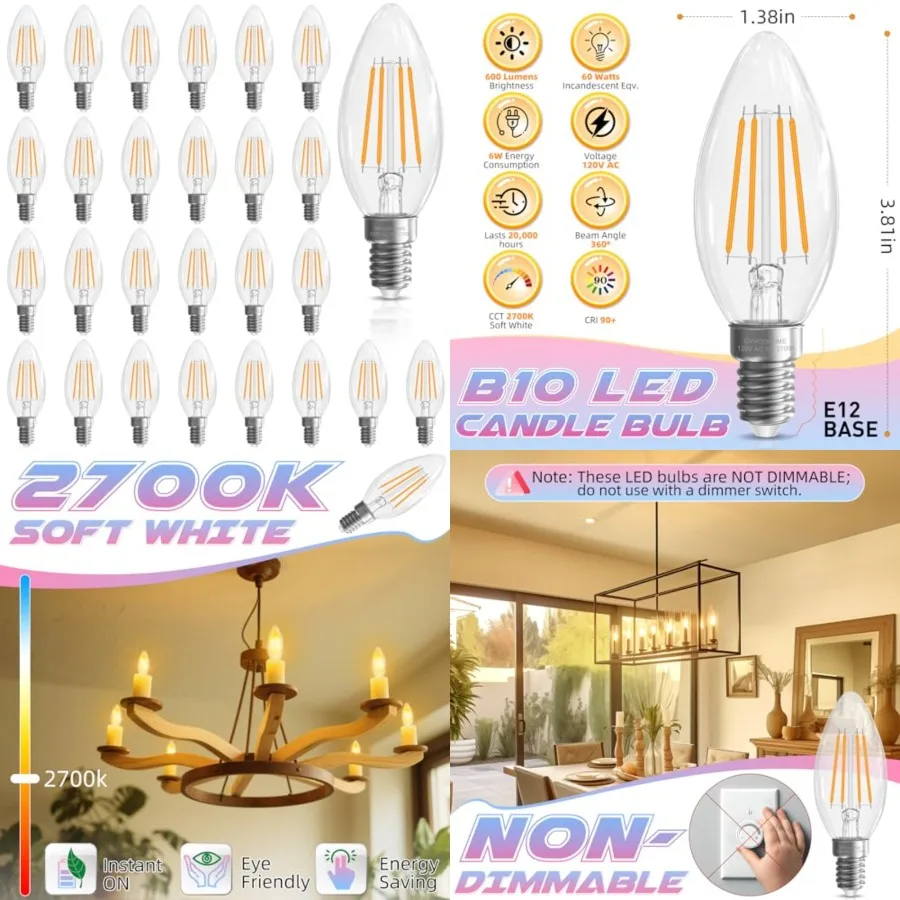 Candelabra Light Bulbs, 6W Equivalent to 60 watt, E12 LED Bulb Non-Dimmable 2700K, B10 LED Candle Bulbs, Chandelier Light Bulbs
Candelabra Light Bulbs, 6W Equivalent to 60 watt, E12 LED Bulb Non-Dimmable 2700K, B10 LED Candle Bulbs, Chandelier Light Bulbs