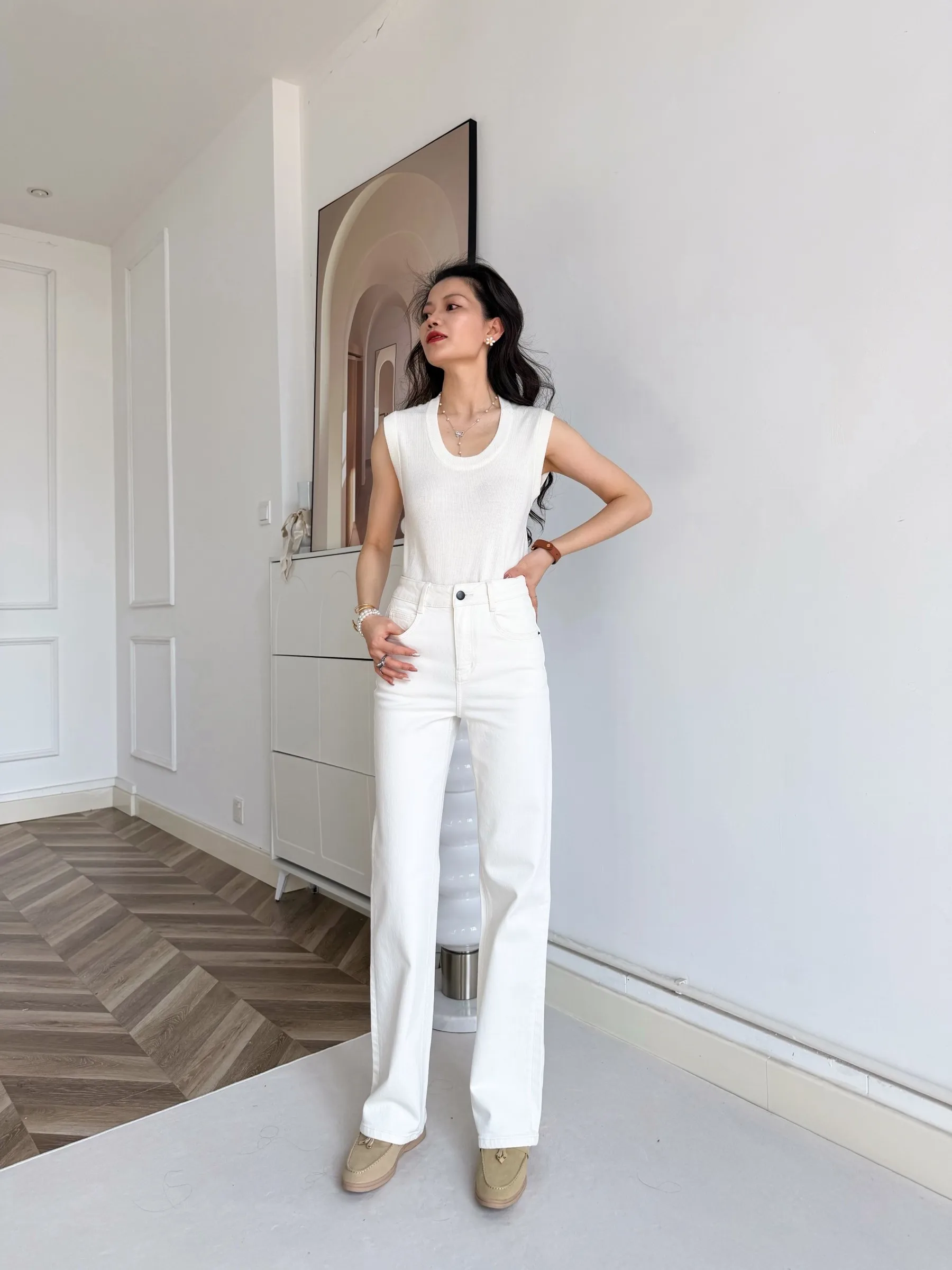 High Waist Slim Fit White Straight Leg Jeans Four Way Stretch Denim Fabric Territory Early Eight Outfit Good Partner
High Waist Slim Fit White Straight Leg Jeans Four Way Stretch Denim Fabric Territory Early Eight Outfit Good Partner