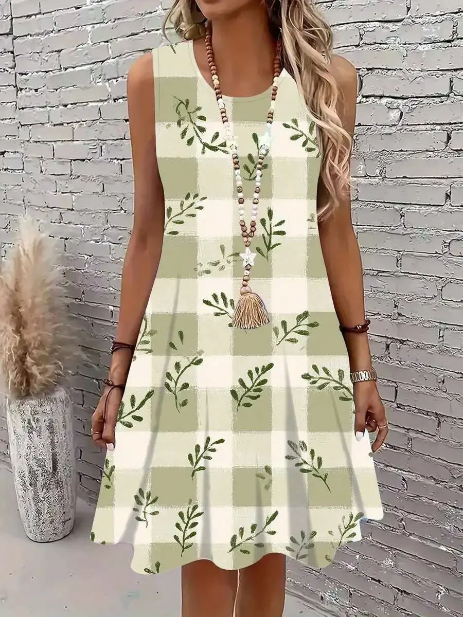 Sleeveless Round Neck Dress With Green And White Checkered Pattern And Leaf Print, Flared Hem For Casual Outfits
Sleeveless Round Neck Dress With Green And White Checkered Pattern And Leaf Print, Flared Hem For Casual Outfits