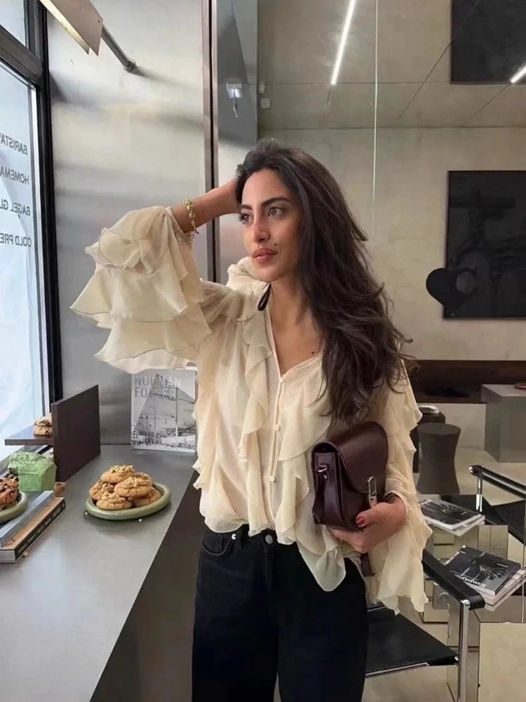 Exjr V-neck Long Sleeve Shirt Women's Premium Layered Lace Hemline Heavy Work Chiffon Top Commute Style Loose Fit
Exjr V-neck Long Sleeve Shirt Women's Premium Layered Lace Hemline Heavy Work Chiffon Top Commute Style Loose Fit