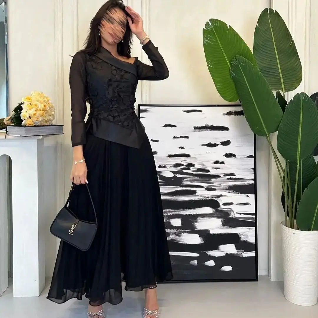 Elegant Appliques Black Evening Dresses Prom Dresses Long Sleeves A-Line Chiffon Satin Saudi Arabia Women Party Gown
Elegant Appliques Black Evening Dresses Prom Dresses Long Sleeves A-Line Chiffon Satin Saudi Arabia Women Party Gown