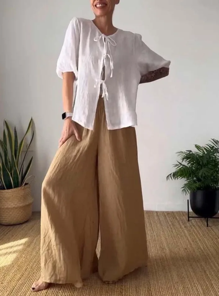 Casual Solid Suit For Women Elegant Round Neck Half Sleeved Lace Up Top Elastic Waist Trousers Two Piece Set 2024 Summer New
Casual Solid Suit For Women Elegant Round Neck Half Sleeved Lace Up Top Elastic Waist Trousers Two Piece Set 2024 Summer New